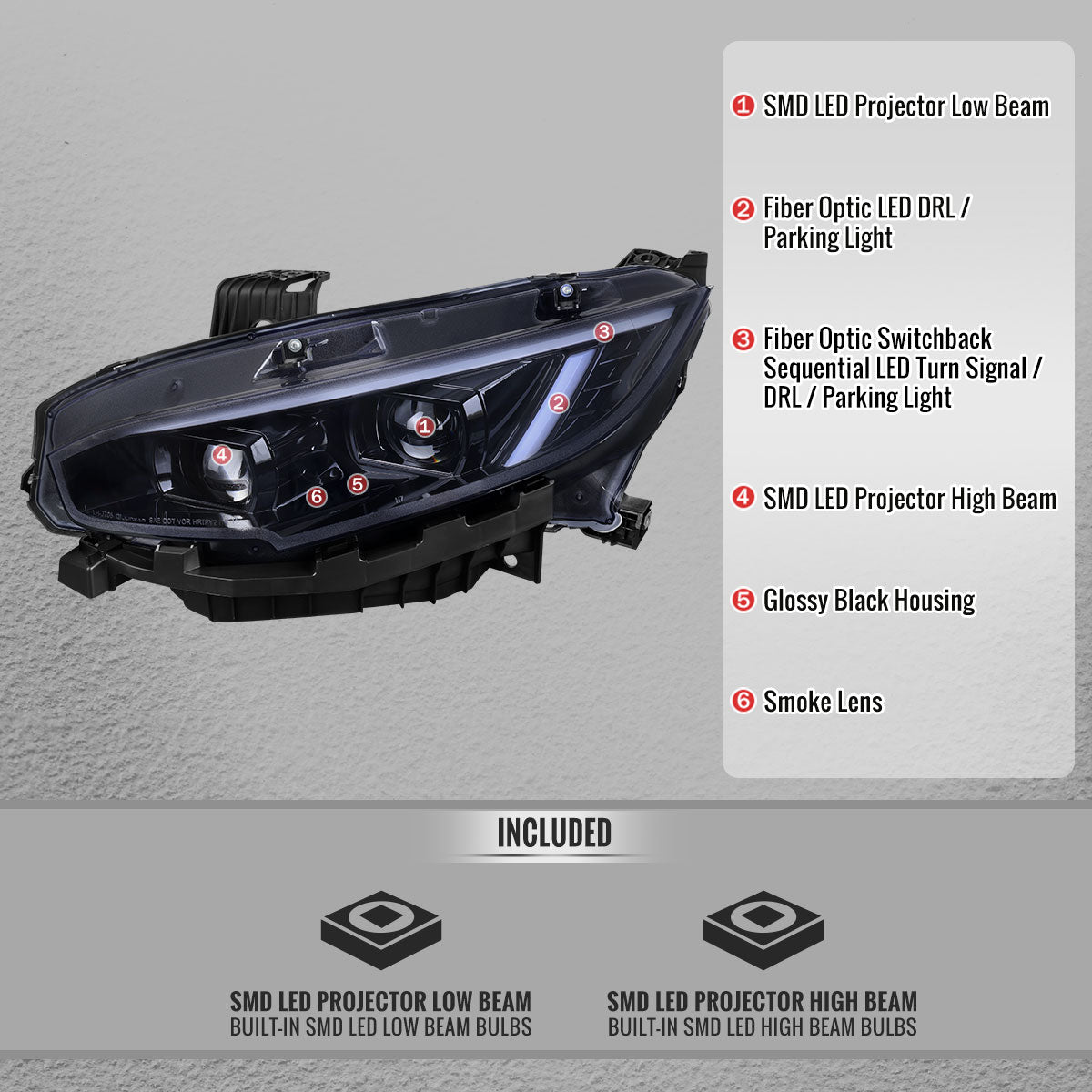 Spec-D 16-21 Honda Civic Led Projector Headlight Black/Smoke Lens