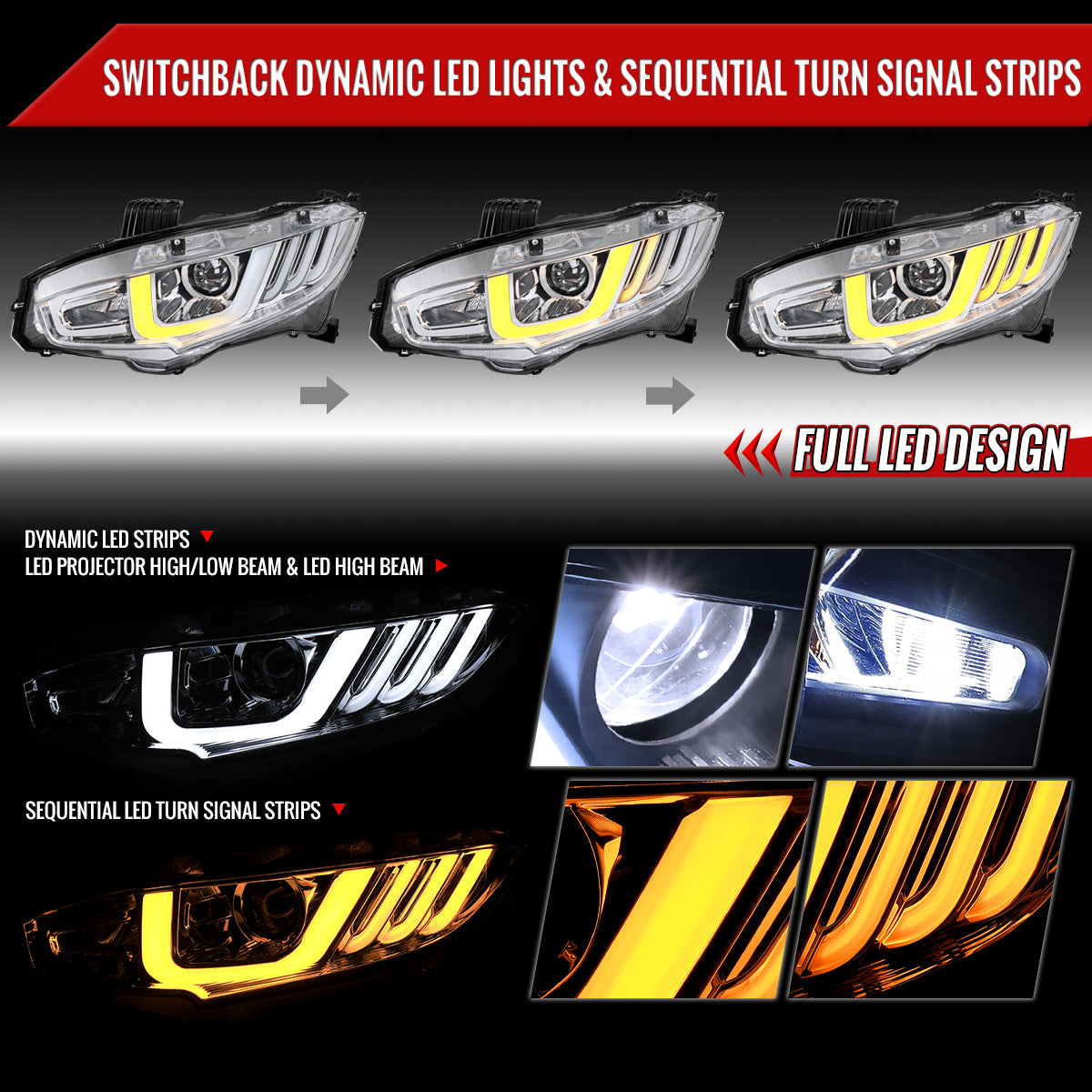 Spec-D 16-21 Honda Civic Projector Headlights Sequential LED Chrome