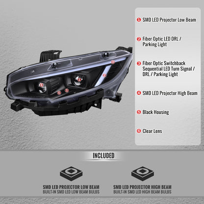 Spec-D 16-21 Honda Civic Led Projector Headlight Black