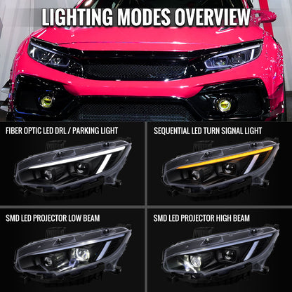 Spec-D 16-21 Honda Civic Led Projector Headlight Black
