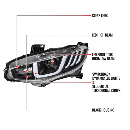 Spec-D 16-21 Honda Civic Headlights LED Switchback Sequential Black