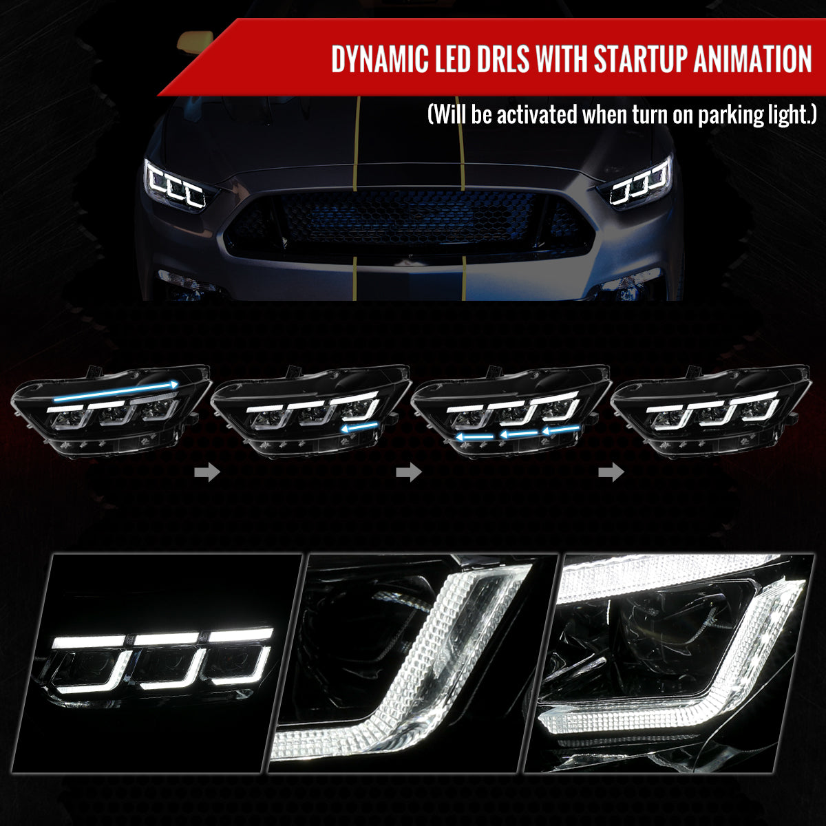 Spec-D 15-17 Mustang Headlights Sequential Start-Up Animation Black