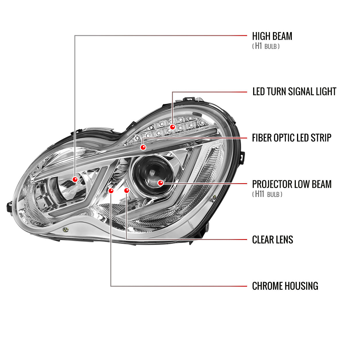 Spec-D 01-07 Mercedes C-Class W203 Projector Headlights LED Bar.