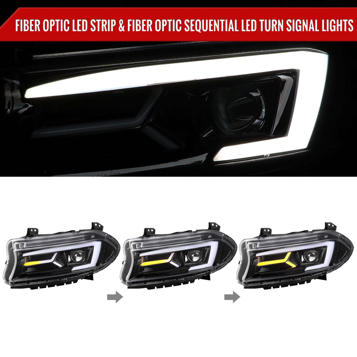 Spec-D 15-23 Dodge Charger Strip Projector Headlights SEQ Black