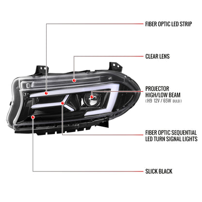 Spec-D 15-23 Dodge Charger Strip Projector Headlights SEQ Black