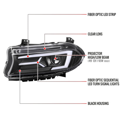Spec-D 15-23 Dodge Charger Headlights LED Strip Sequential Black