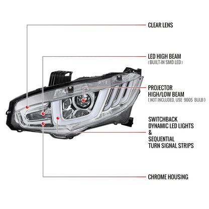 Spec-D 16-21 Honda Civic Sequential LED Headlights Chrome