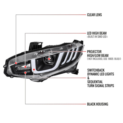 Spec-D 16-21 Honda Civic Projector Headlights LED SEQ Black/Clear
