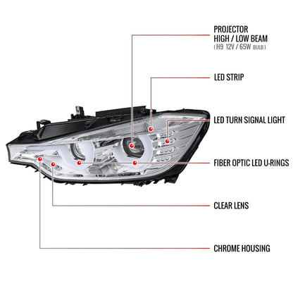 Spec-D 12-15 F30 3-Series 4DR Dual U-Bar Projector Headlights Chrome