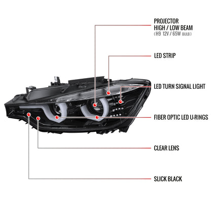 Spec-D 12-15 F30 3-Series 4DR Dual U-Bar Projector Headlights Black