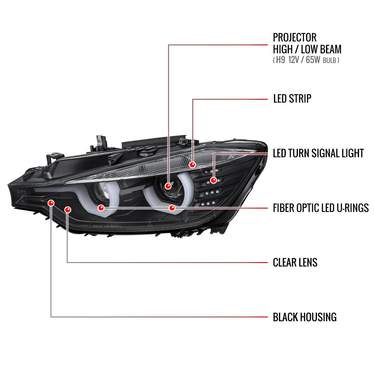 Spec-D 12-15 F30 3-Series 4DR Dual U-Bar Projector Headlights Black