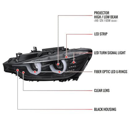 Spec-D 12-15 F30 3-Series 4DR Dual U-Bar Projector Headlights Black