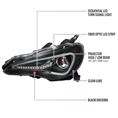 Spec-D 12-17 86 Scion FR-S Headlights LED Bar Sequential Matte Black