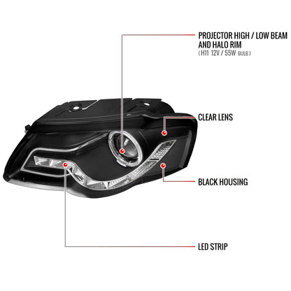 Spec-D 06-10 VW Passat Halo Headlights R8 Style Light Strip Black