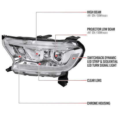 Spec-D 19-22 Ford Ranger SEQ LED Bar Projector Headlights Chrome