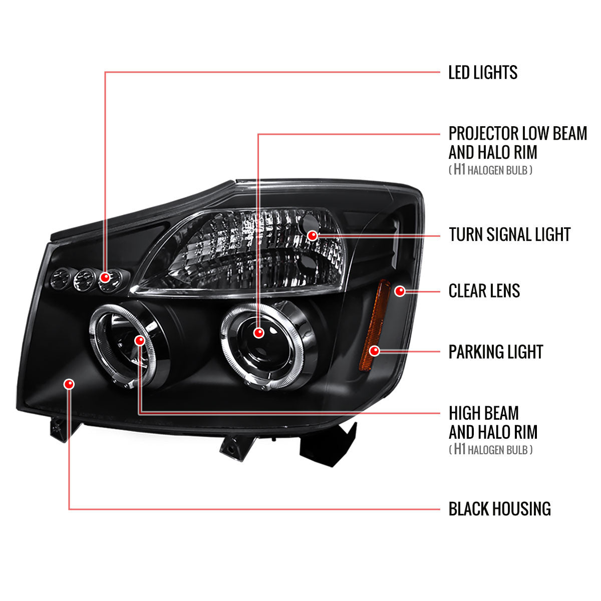 Spec-D 04-15 Nissan Titan Halo Projector Headlights Black