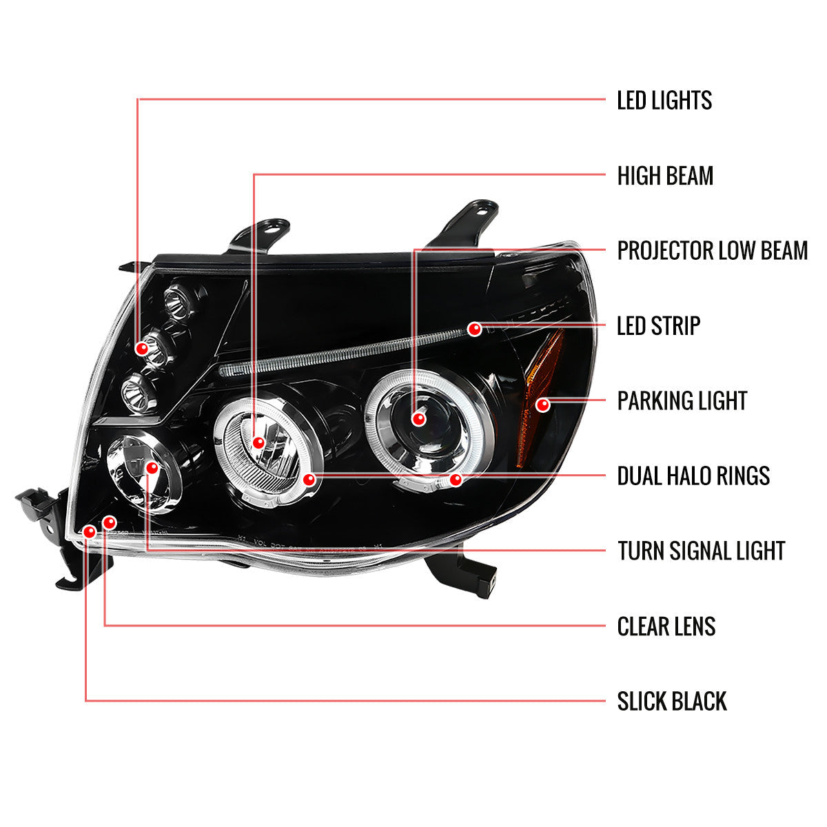 Spec-D 05-11 Toyota Tacoma Halo Projector Headlights Jet Black