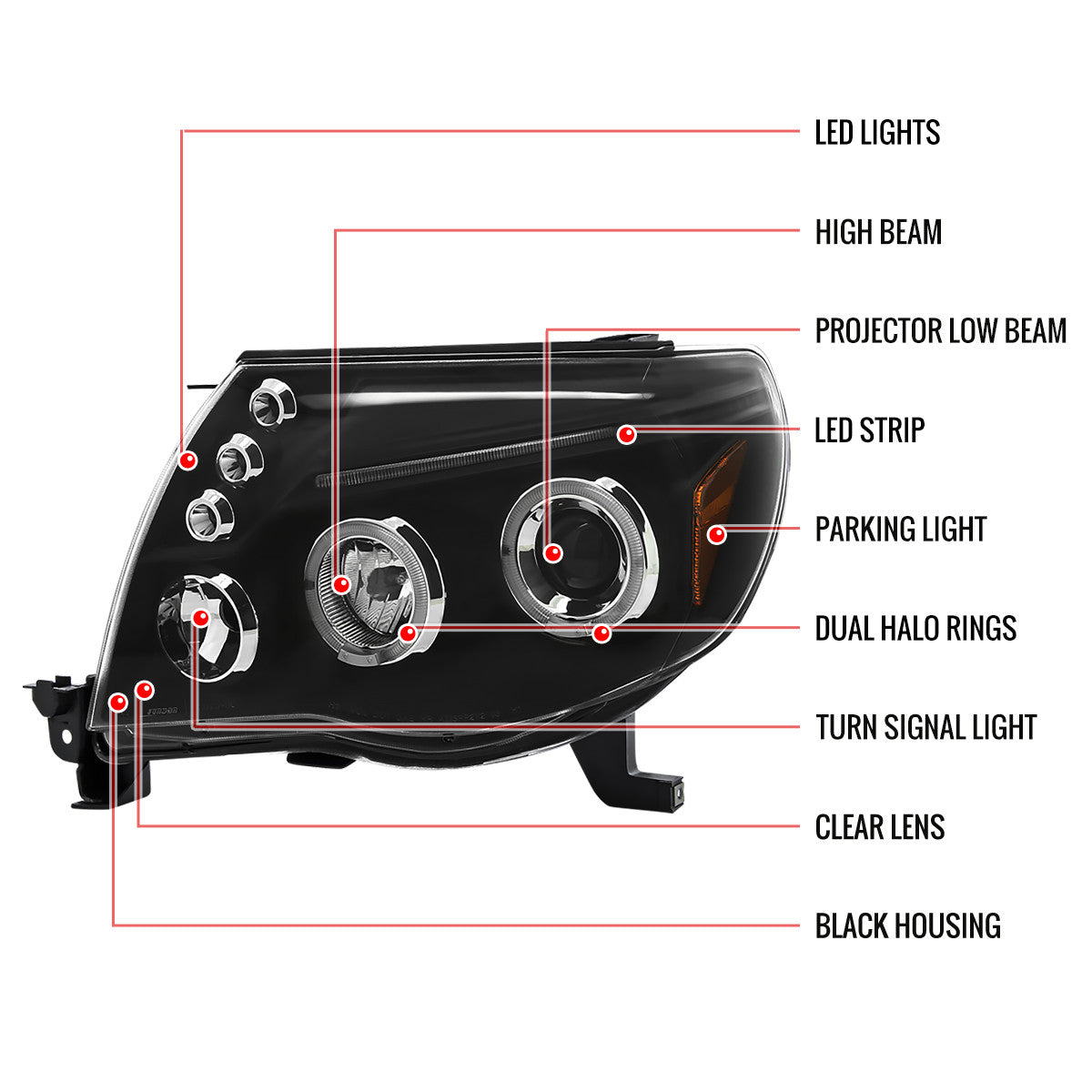 Spec-D 05-11 Toyota Tacoma Halo Projector Headlights Black